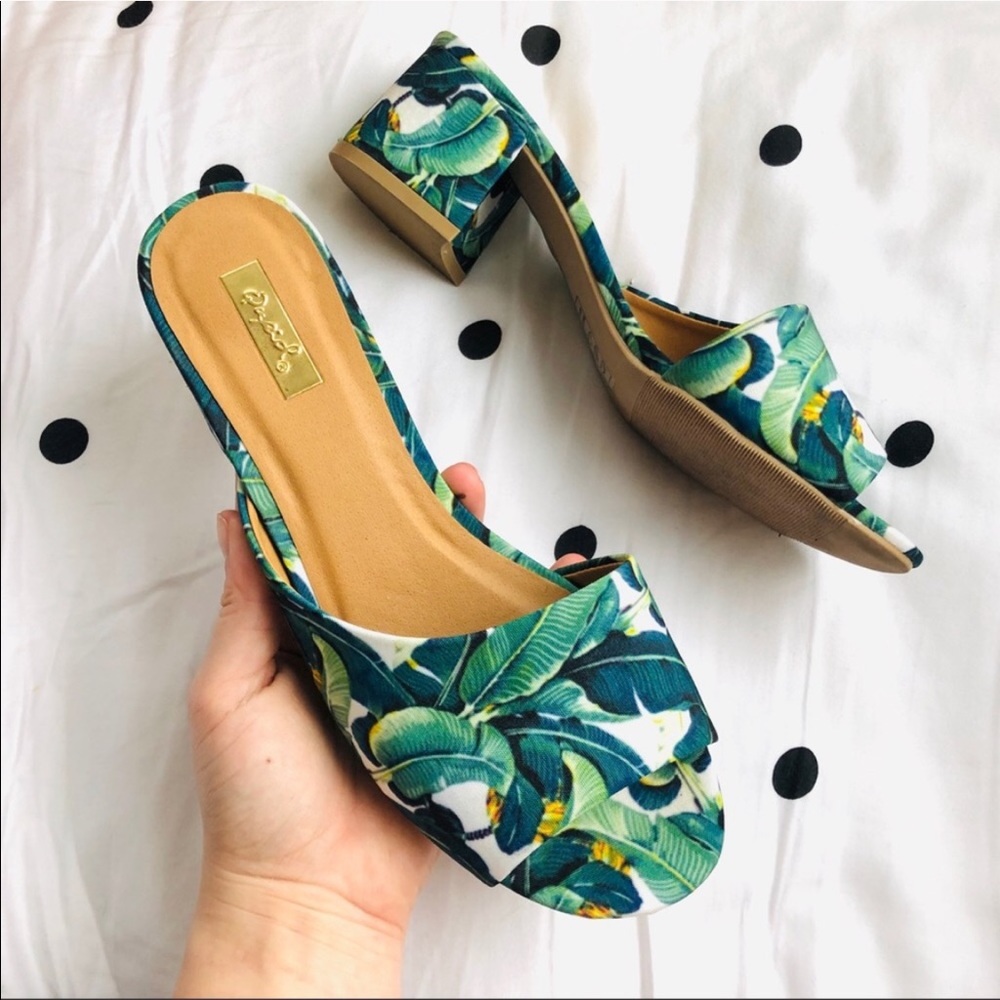 Qupid Green Tropical Print Open-Back Mules